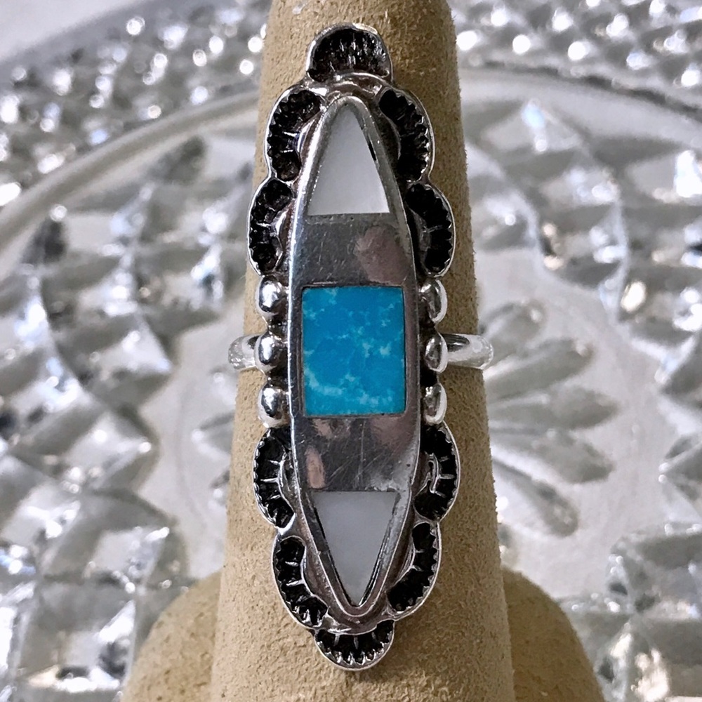 Vintage Sterling Silver Turquoise & MOP Inlay Southwestern Ring SZ 6.5